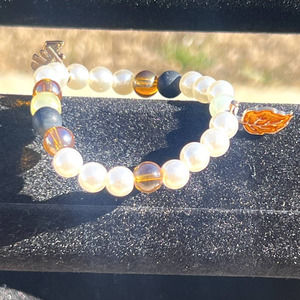 Handmade Beaded Women's Stretchy Pearl Bracelet with Gold & Orange Charms